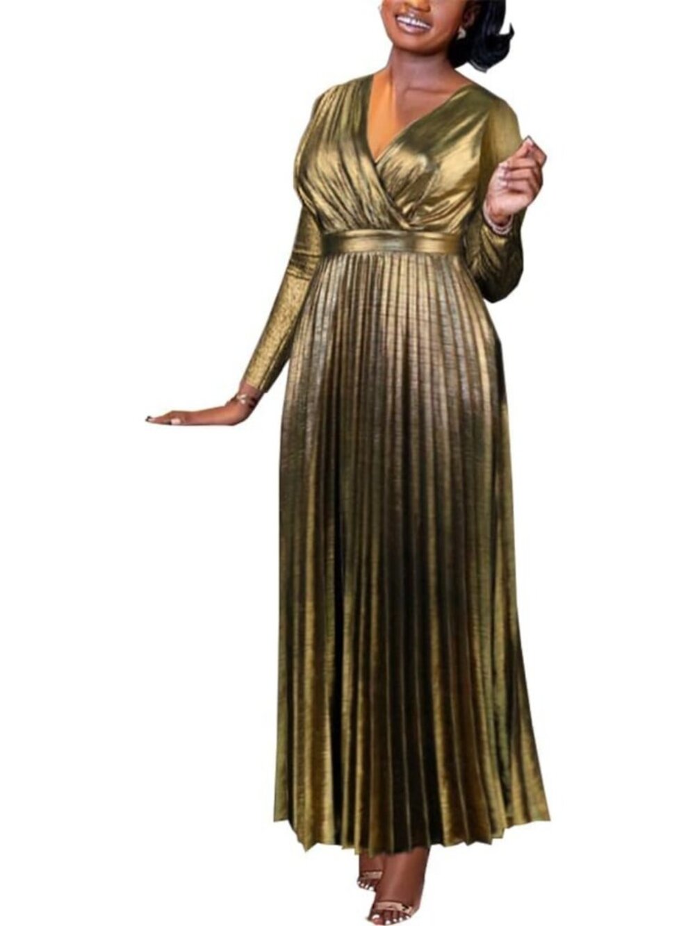 Elegant Metallic V Neck Long Sleeve Pleated Maxi Dress - Women's Luxury Fashion